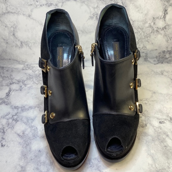 Louis Vuitton Leather & Suede Peep Toe Heeled Booties 38.5 - Picture 4 of 12